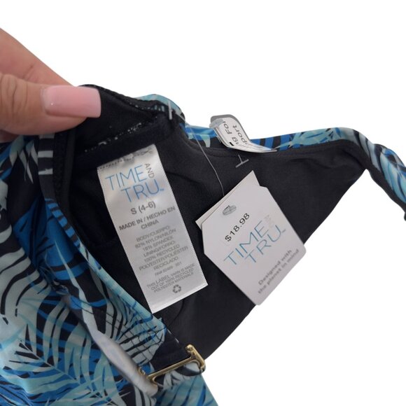 Time & Tru Womens Blue Tropical Print Ruffled Halter Swimsuit S (4-6) - Picture 3 of 11